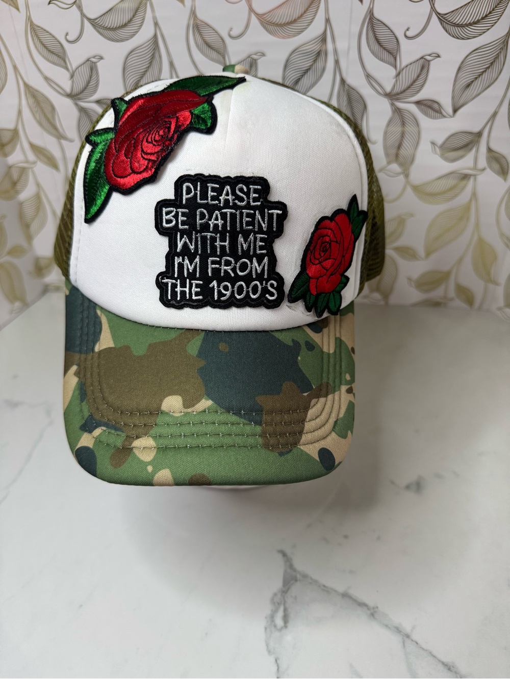 Please Be Patient With Me 1900s Embroidered Trucker Hat - White & Camo